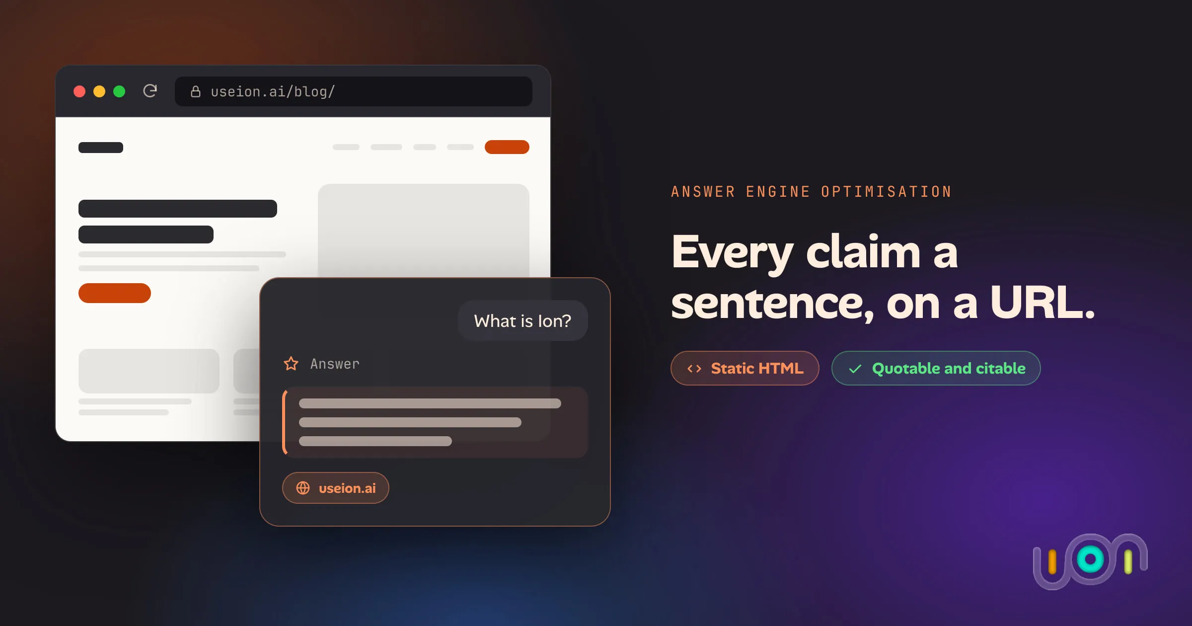 A browser window showing a static useion.ai blog page, overlapped by an assistant's answer to "What is Ion?" that quotes a sentence and cites useion.ai.