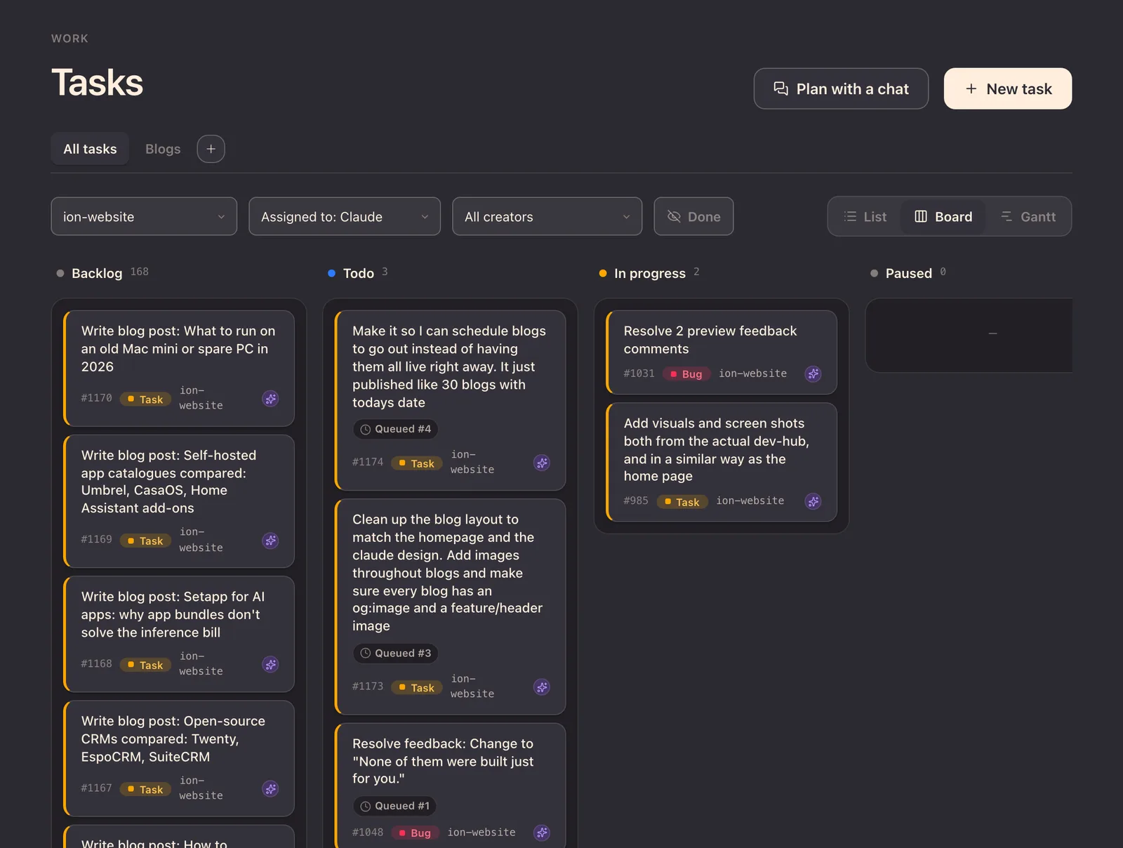 The dev-hub task board for this website, filtered to tasks assigned to Claude: blog posts waiting in Backlog, three queued tasks in Todo, and two tasks In progress, one of them adding these screenshots.