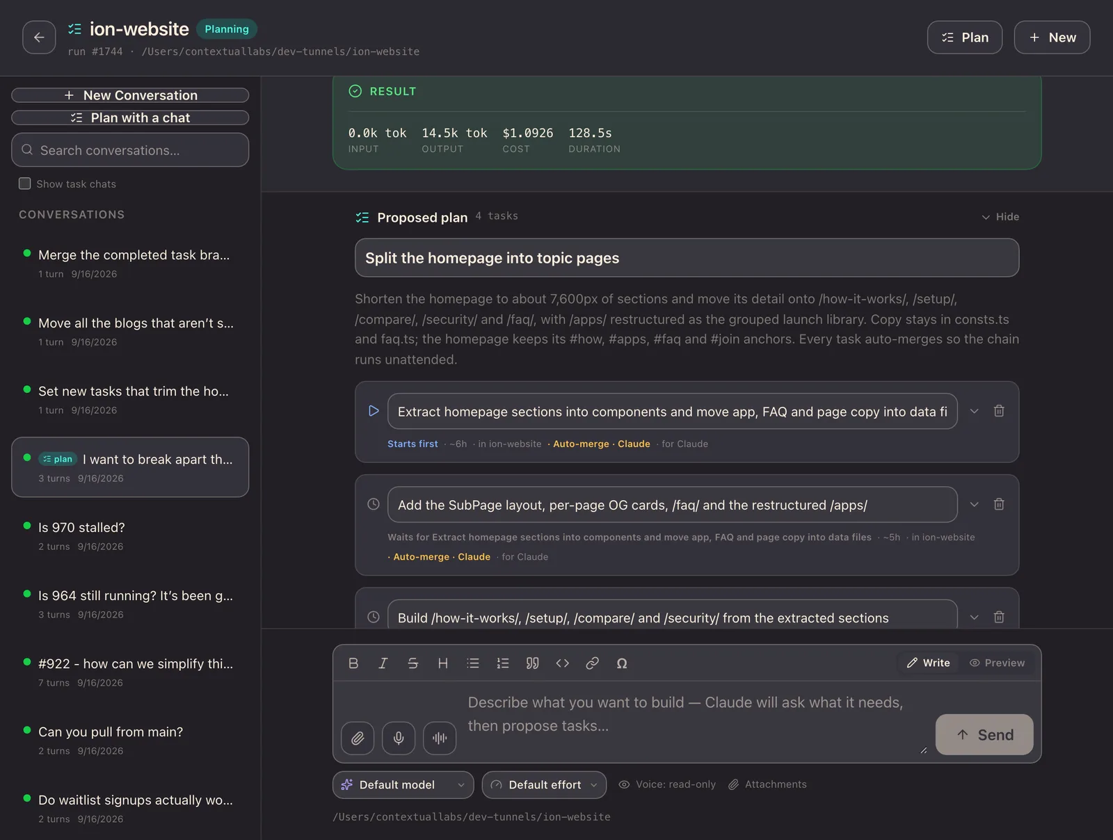 A planning chat in dev-hub proposing a four-task plan called “Split the homepage into topic pages”, the first task starting straight away and the next waiting on it, each set to auto-merge, above a message box that reads “Describe what you want to build”.